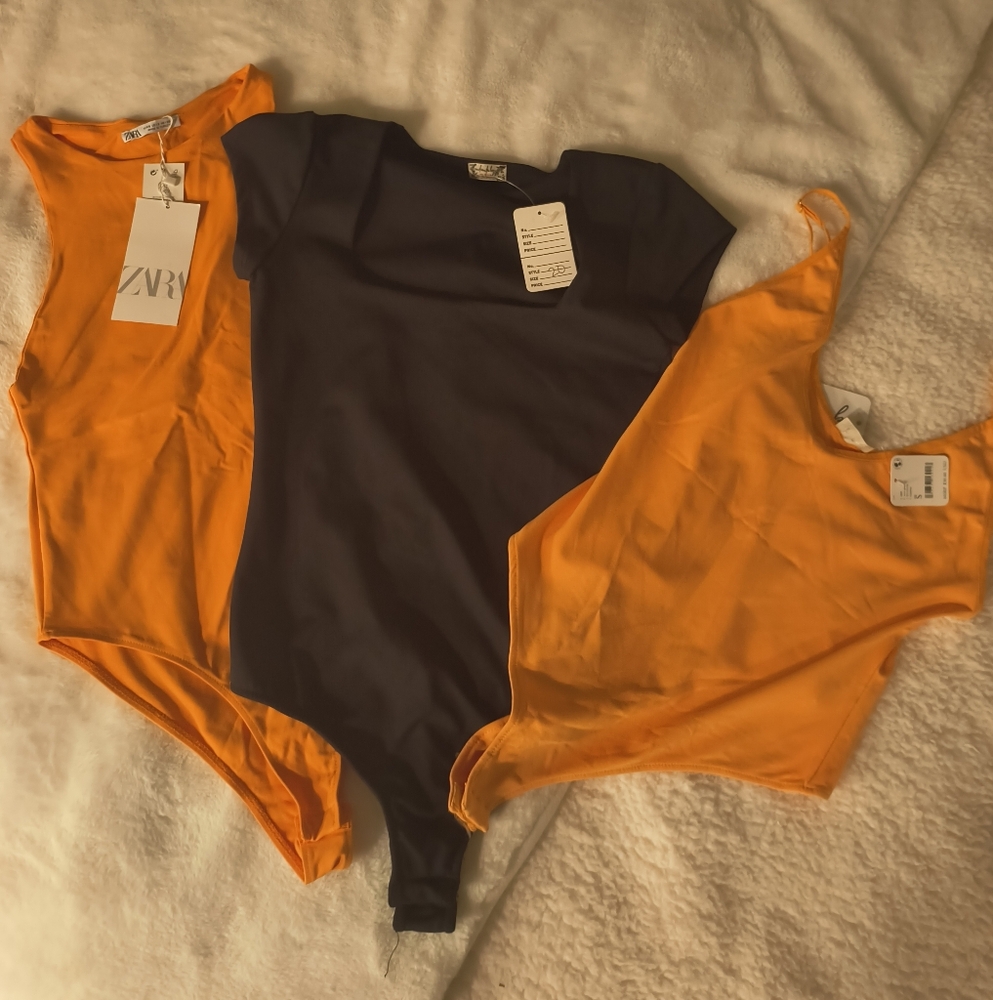 Free People Black S and 2 Orange S Bodysuits